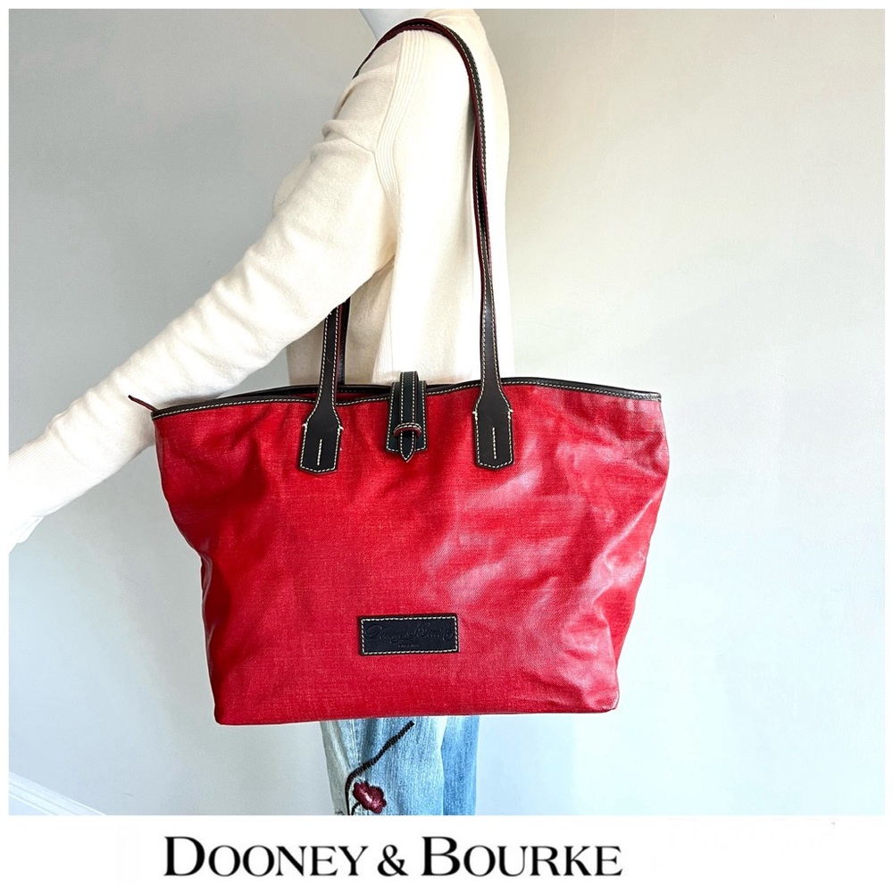 DOONEY & BOURKE Vibrant Red Coated Brown Leather Denim Look Large Shoulder Tote